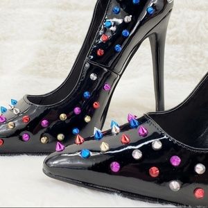 Ricky Black Patent Multi Color Spike Stud Pointy Toe Pump Shoe 4.5" High Heels